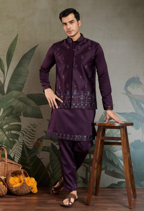 Royal Plum Embroidered Kurta Set for Men